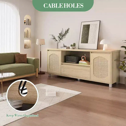 Mueble de TV de ratán y madera, 2 puertas con cajón, para televisores de hasta 70 pulgadas