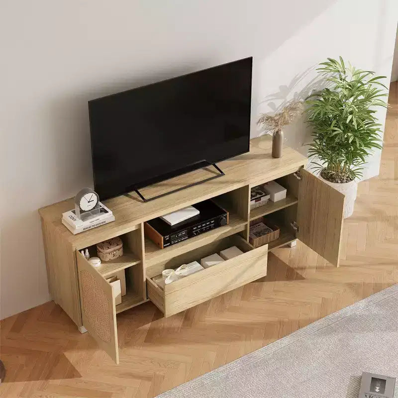 Mueble de TV de ratán y madera, 2 puertas con cajón, para televisores de hasta 70 pulgadas