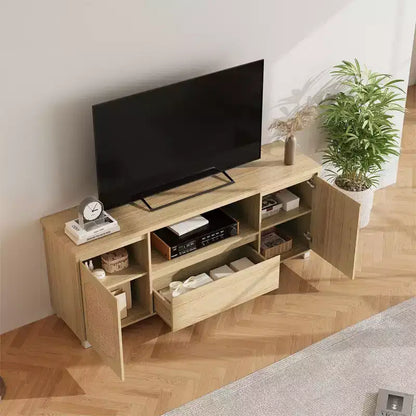 Mueble de TV de ratán y madera, 2 puertas con cajón, para televisores de hasta 70 pulgadas