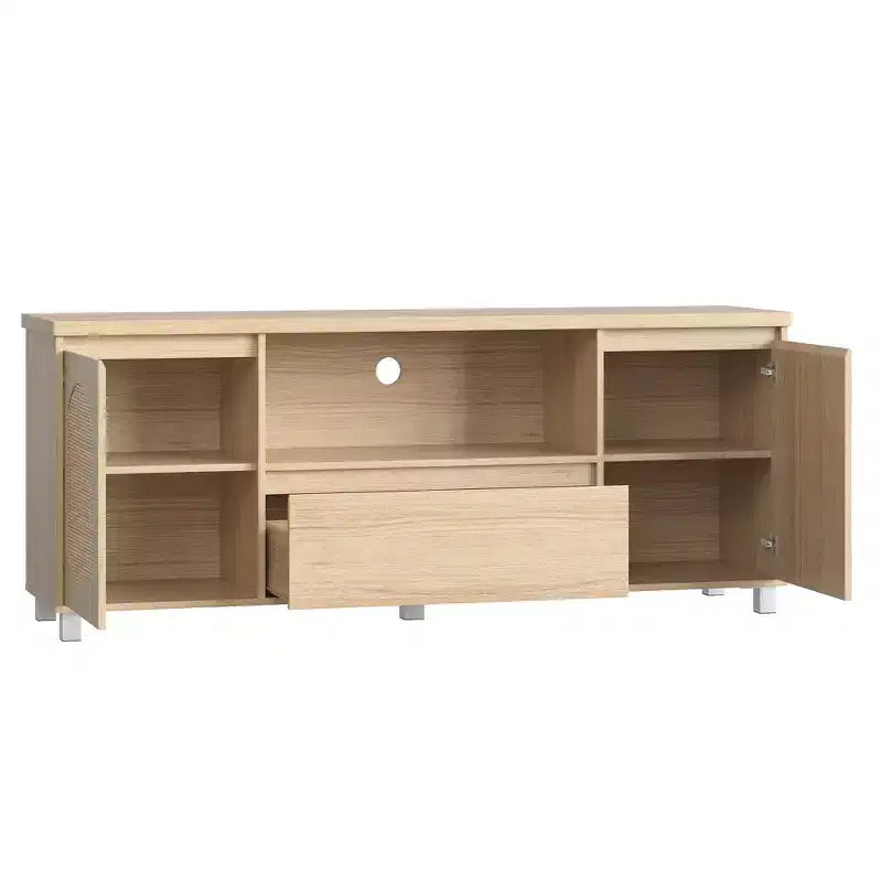 Mueble de TV de ratán y madera, 2 puertas con cajón, para televisores de hasta 70 pulgadas