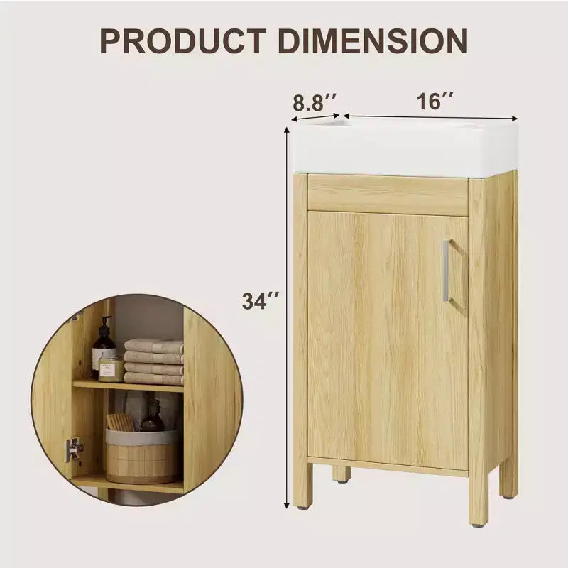 Tocador de baño gris/natural de 16" con lavabo – Gabinete de 2 puertas y cajón, Individual