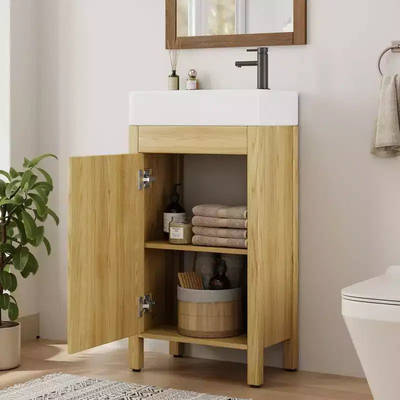 Tocador de baño gris/natural de 16" con lavabo – Gabinete de 2 puertas y cajón, Individual