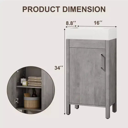 Tocador de baño gris/natural de 16" con lavabo – Gabinete de 2 puertas y cajón, Individual