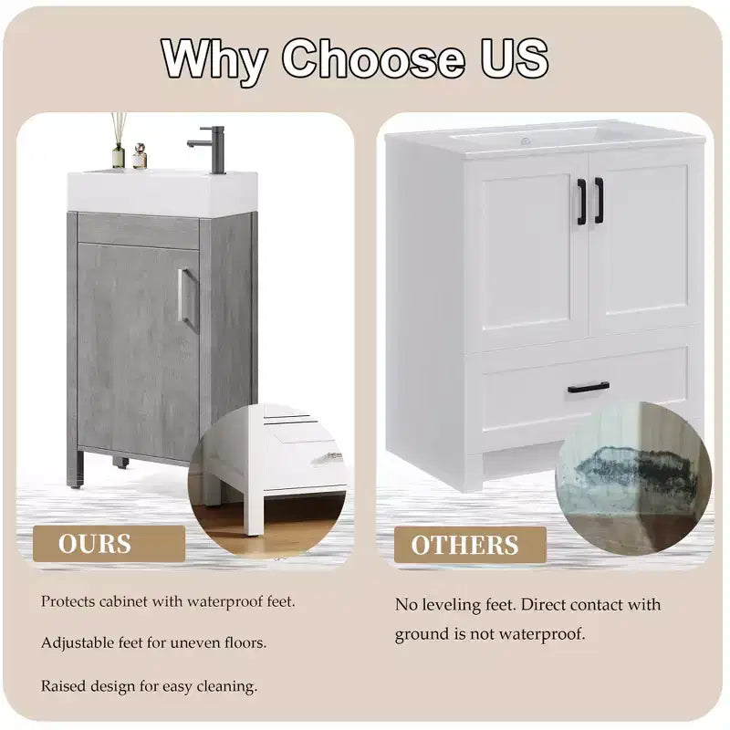 Tocador de baño gris/natural de 16" con lavabo – Gabinete de 2 puertas y cajón, Individual