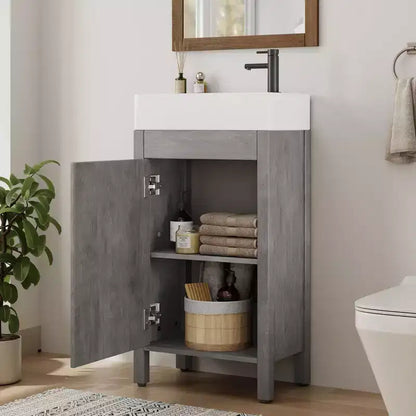 Tocador de baño gris/natural de 16" con lavabo – Gabinete de 2 puertas y cajón, Individual
