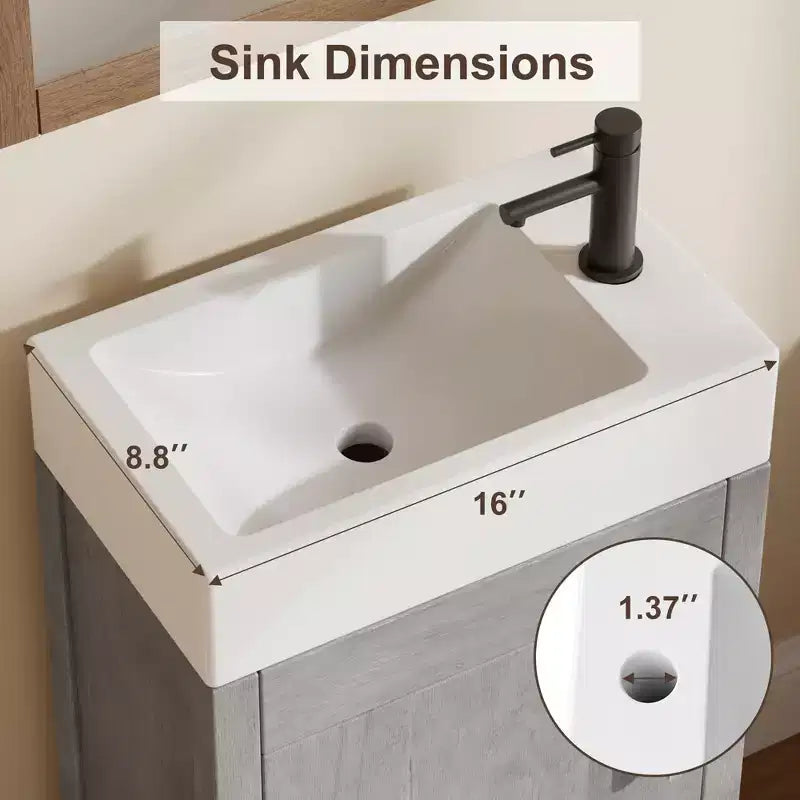 Tocador de baño gris/natural de 16" con lavabo – Gabinete de 2 puertas y cajón, Individual