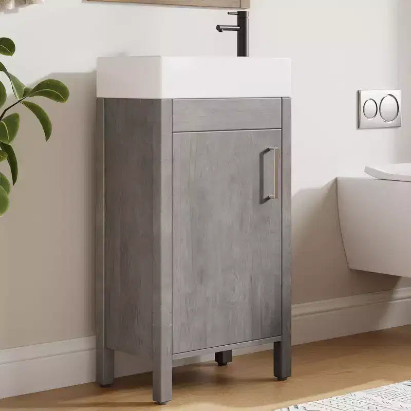 Tocador de baño gris/natural de 16" con lavabo – Gabinete de 2 puertas y cajón, Individual