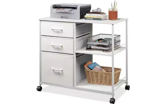 DEXYLLO 3 Drawer Mobile File Cabinet, Rolling Printer Stand with Open Storage Shelf, Fabric Lateral Filing Cabinet fits A4 or Letter, White
