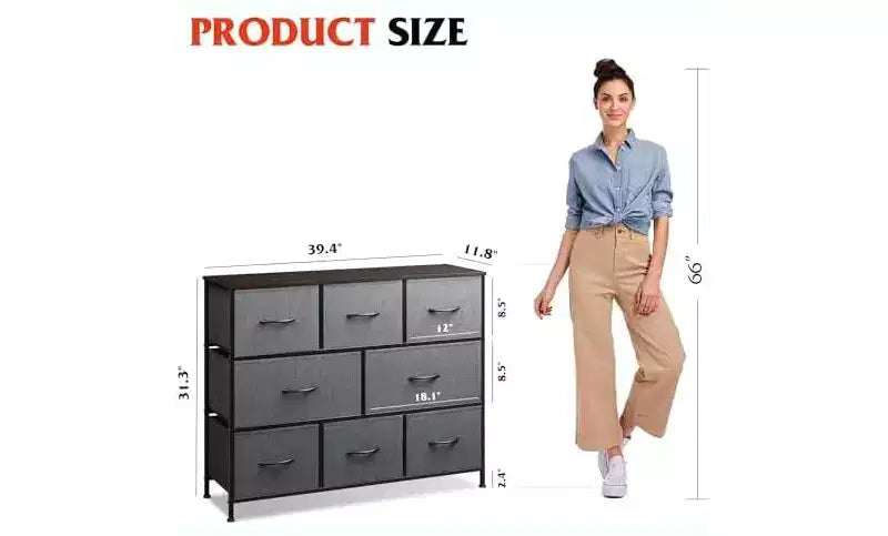 Cómoda de tela de 8 cajones gris oscuro/blanco para 1 persona