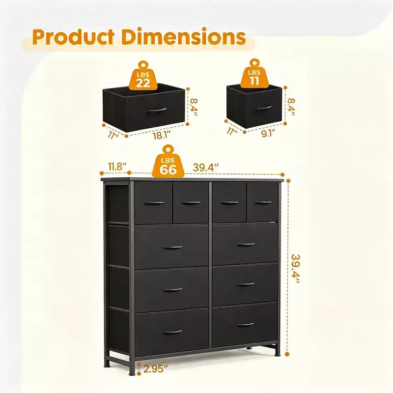 Cajonera negra de 10 cajones, estructura de metal, para uso individual