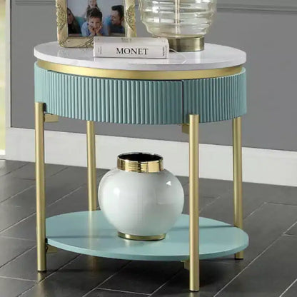 Mesa auxiliar redonda de color verde azulado claro con cajón, para 1 persona, tapa de mármol sintético blanco y estructura dorada