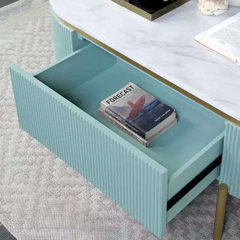 Mesa auxiliar redonda de color verde azulado claro con cajón, para 1 persona, tapa de mármol sintético blanco y estructura dorada