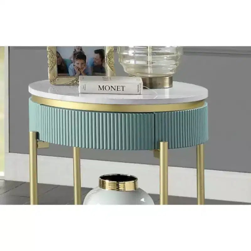 Mesa auxiliar redonda de color verde azulado claro con cajón, para 1 persona, tapa de mármol sintético blanco y estructura dorada