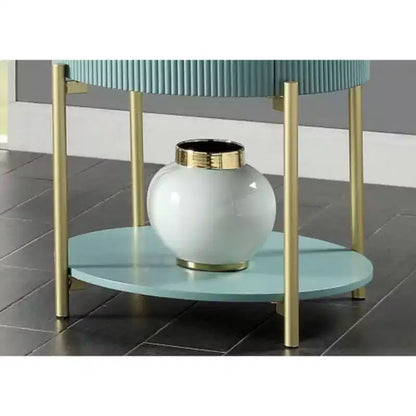 Mesa auxiliar redonda de color verde azulado claro con cajón, para 1 persona, tapa de mármol sintético blanco y estructura dorada
