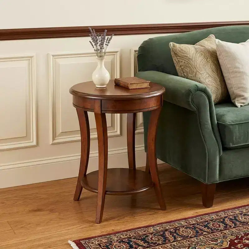 Mesa auxiliar redonda marrón con estante, estructura de madera, 1 pieza