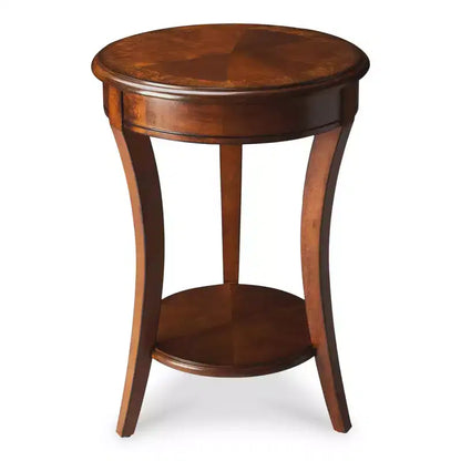 Mesa auxiliar redonda marrón con estante, estructura de madera, 1 pieza