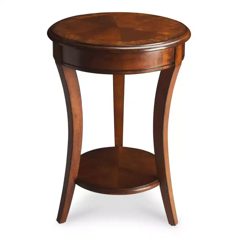 Mesa auxiliar redonda marrón con estante, estructura de madera, 1 pieza