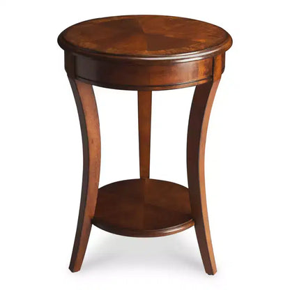 Mesa auxiliar redonda marrón con estante, estructura de madera, 1 pieza