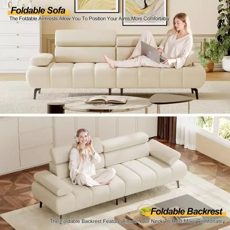 Sofá de 3 plazas de piel sintética beige/marrón para 2-3 personas