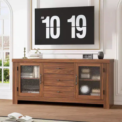Aparador de 54.4" – Negro / Marrón / Color Madera, 2 Puertas de Cristal y 3 Cajones, para 1 Habitación