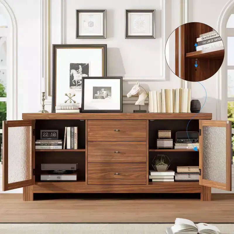 Aparador de 54.4" – Negro / Marrón / Color Madera, 2 Puertas de Cristal y 3 Cajones, para 1 Habitación
