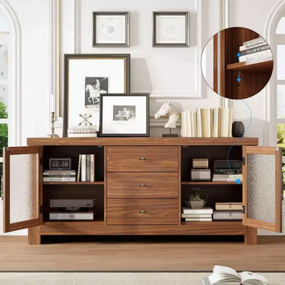 Aparador de 54.4" – Negro / Marrón / Color Madera, 2 Puertas de Cristal y 3 Cajones, para 1 Habitación