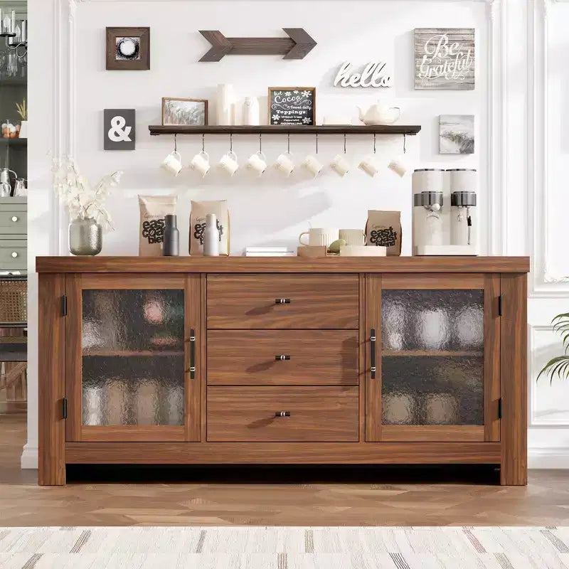 Aparador de 54.4" – Negro / Marrón / Color Madera, 2 Puertas de Cristal y 3 Cajones, para 1 Habitación