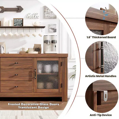 Aparador de 54.4" – Negro / Marrón / Color Madera, 2 Puertas de Cristal y 3 Cajones, para 1 Habitación