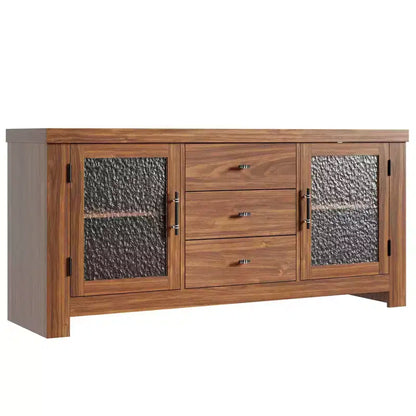 Aparador de 54.4" – Negro / Marrón / Color Madera, 2 Puertas de Cristal y 3 Cajones, para 1 Habitación