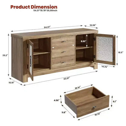 Aparador de 54.4" – Negro / Marrón / Color Madera, 2 Puertas de Cristal y 3 Cajones, para 1 Habitación