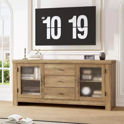 Aparador de 54.4" – Negro / Marrón / Color Madera, 2 Puertas de Cristal y 3 Cajones, para 1 Habitación