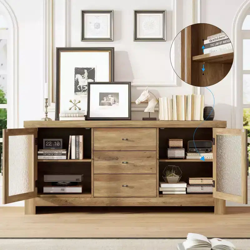 Aparador de 54.4" – Negro / Marrón / Color Madera, 2 Puertas de Cristal y 3 Cajones, para 1 Habitación