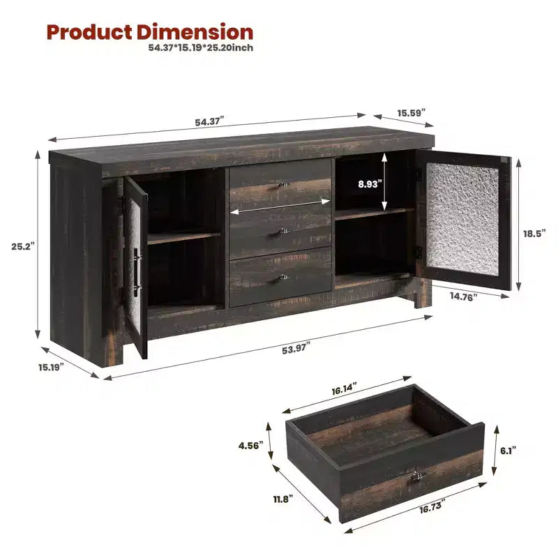 Aparador de 54.4" – Negro / Marrón / Color Madera, 2 Puertas de Cristal y 3 Cajones, para 1 Habitación
