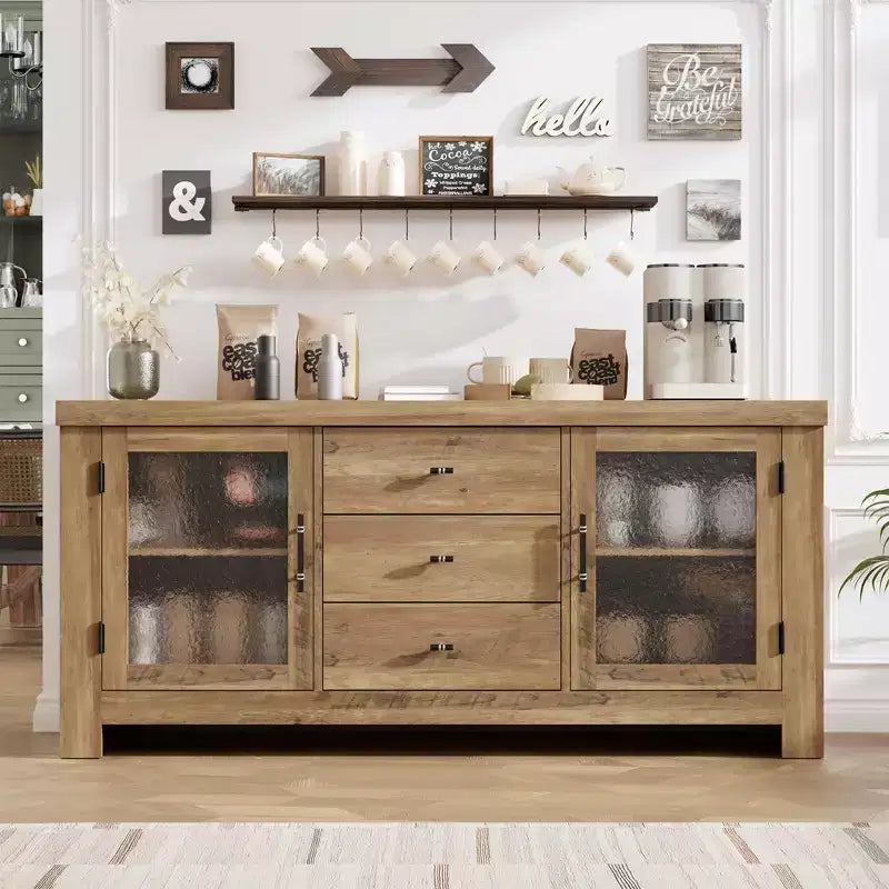 Aparador de 54.4" – Negro / Marrón / Color Madera, 2 Puertas de Cristal y 3 Cajones, para 1 Habitación