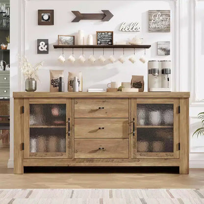 Aparador de 54.4" – Negro / Marrón / Color Madera, 2 Puertas de Cristal y 3 Cajones, para 1 Habitación