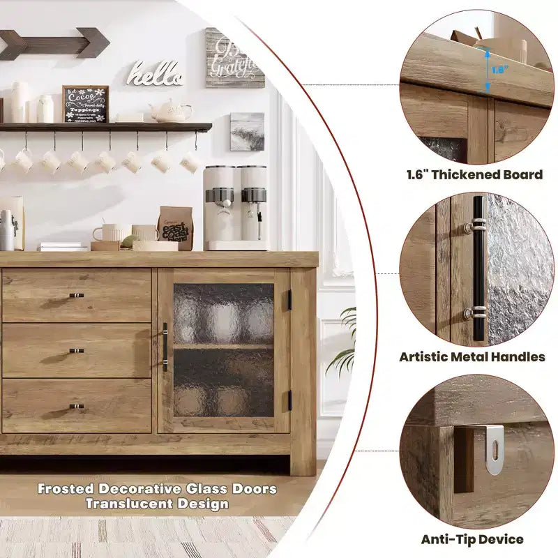 Aparador de 54.4" – Negro / Marrón / Color Madera, 2 Puertas de Cristal y 3 Cajones, para 1 Habitación