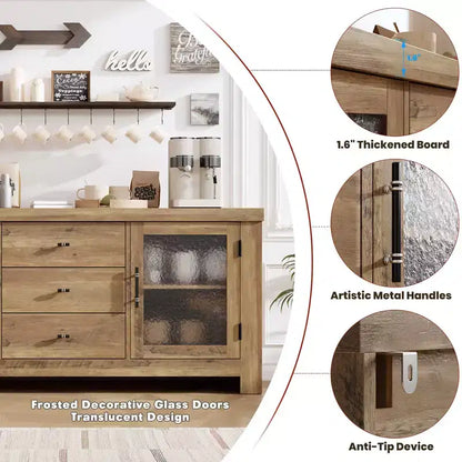 Aparador de 54.4" – Negro / Marrón / Color Madera, 2 Puertas de Cristal y 3 Cajones, para 1 Habitación