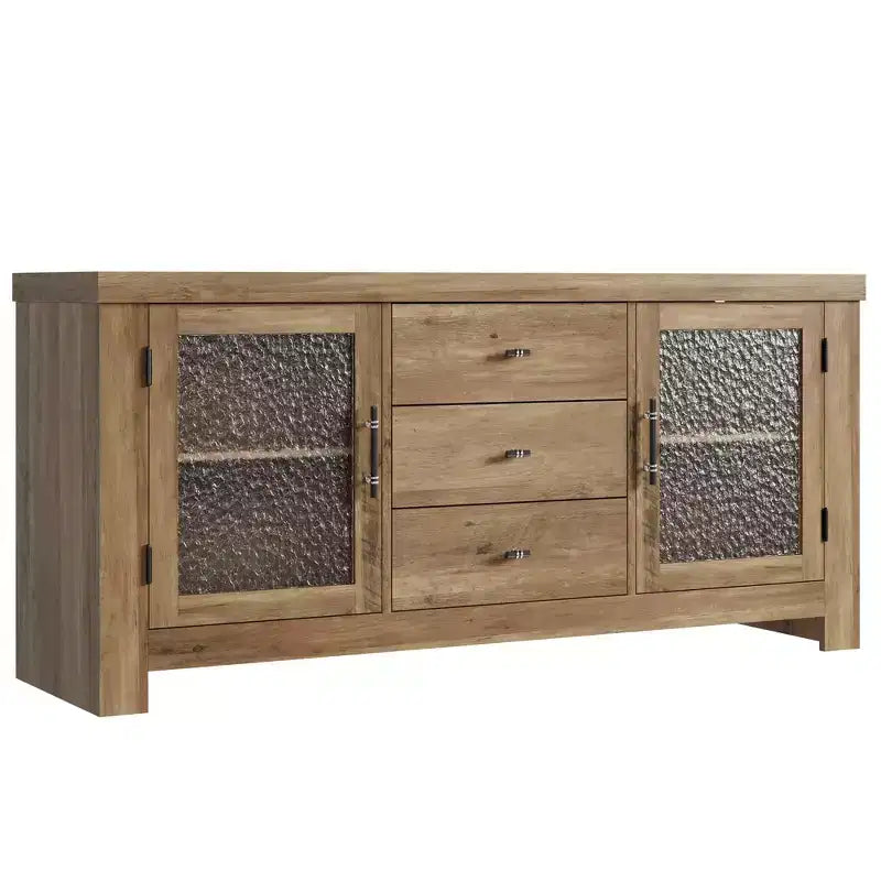 Aparador de 54.4" – Negro / Marrón / Color Madera, 2 Puertas de Cristal y 3 Cajones, para 1 Habitación