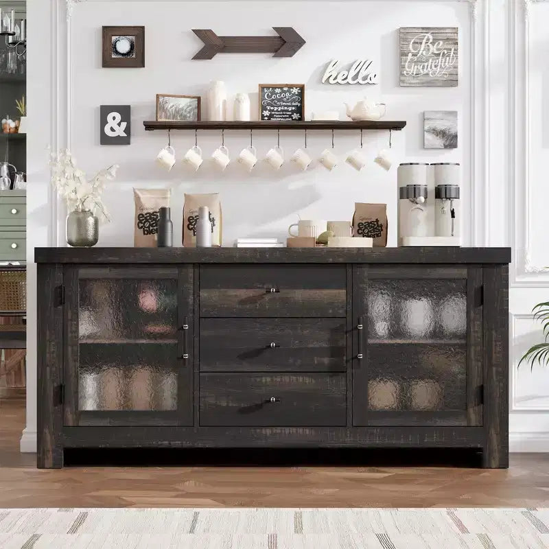 Aparador de 54.4" – Negro / Marrón / Color Madera, 2 Puertas de Cristal y 3 Cajones, para 1 Habitación