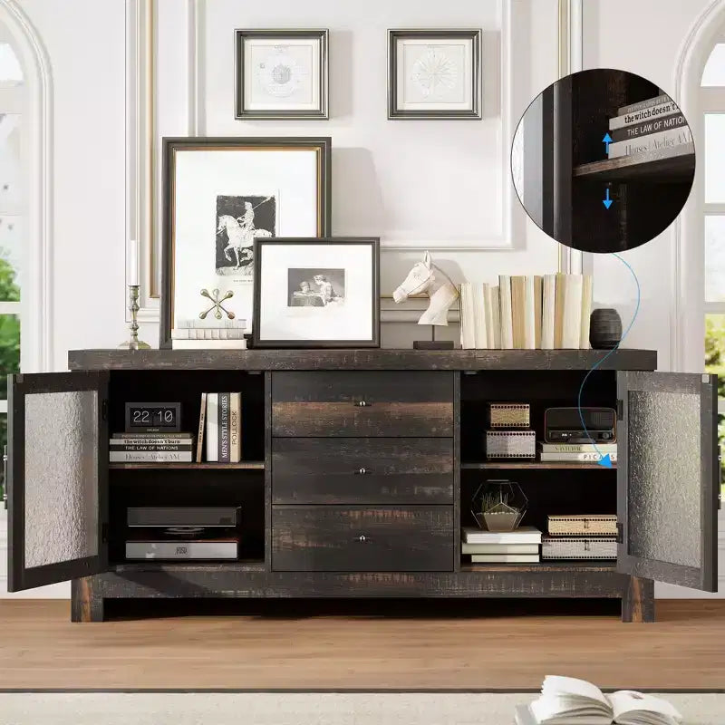 Aparador de 54.4" – Negro / Marrón / Color Madera, 2 Puertas de Cristal y 3 Cajones, para 1 Habitación