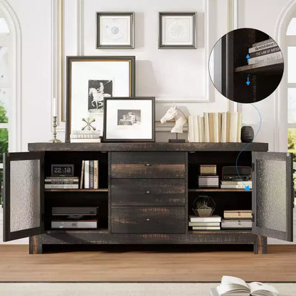 Aparador de 54.4" – Negro / Marrón / Color Madera, 2 Puertas de Cristal y 3 Cajones, para 1 Habitación