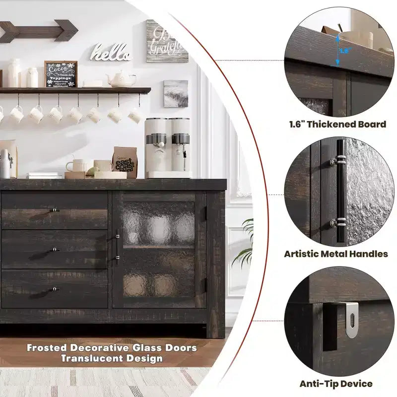 Aparador de 54.4" – Negro / Marrón / Color Madera, 2 Puertas de Cristal y 3 Cajones, para 1 Habitación