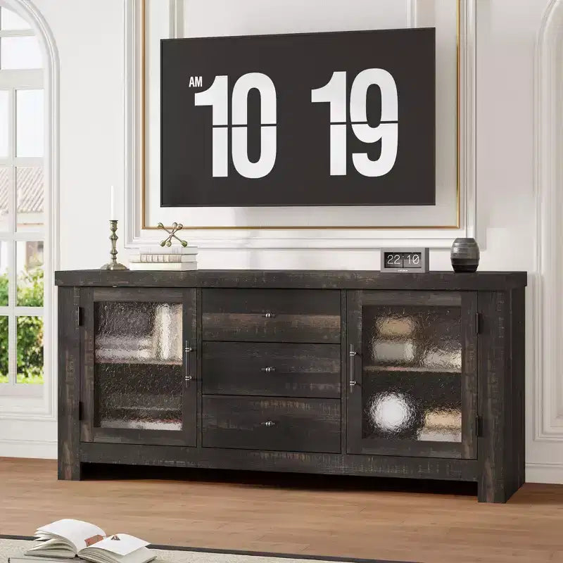 Aparador de 54.4" – Negro / Marrón / Color Madera, 2 Puertas de Cristal y 3 Cajones, para 1 Habitación