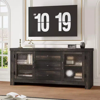 Aparador de 54.4" – Negro / Marrón / Color Madera, 2 Puertas de Cristal y 3 Cajones, para 1 Habitación