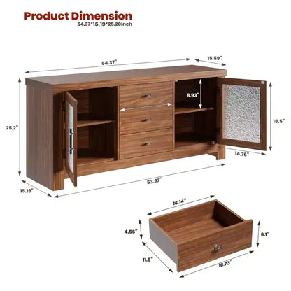 Aparador de 54.4" – Negro / Marrón / Color Madera, 2 Puertas de Cristal y 3 Cajones, para 1 Habitación