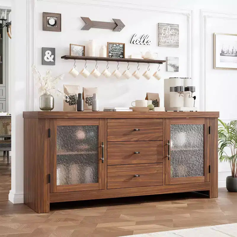 Aparador de 54.4" – Negro / Marrón / Color Madera, 2 Puertas de Cristal y 3 Cajones, para 1 Habitación