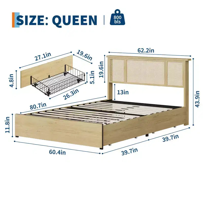 Base de cama de plataforma con cabecero de ratán natural | Matrimonial/Queen | con o sin 4 cajones | Para 1-2 adultos