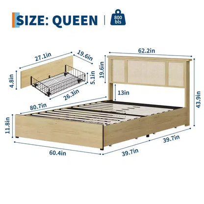 Base de cama de plataforma con cabecero de ratán natural | Matrimonial/Queen | con o sin 4 cajones | Para 1-2 adultos