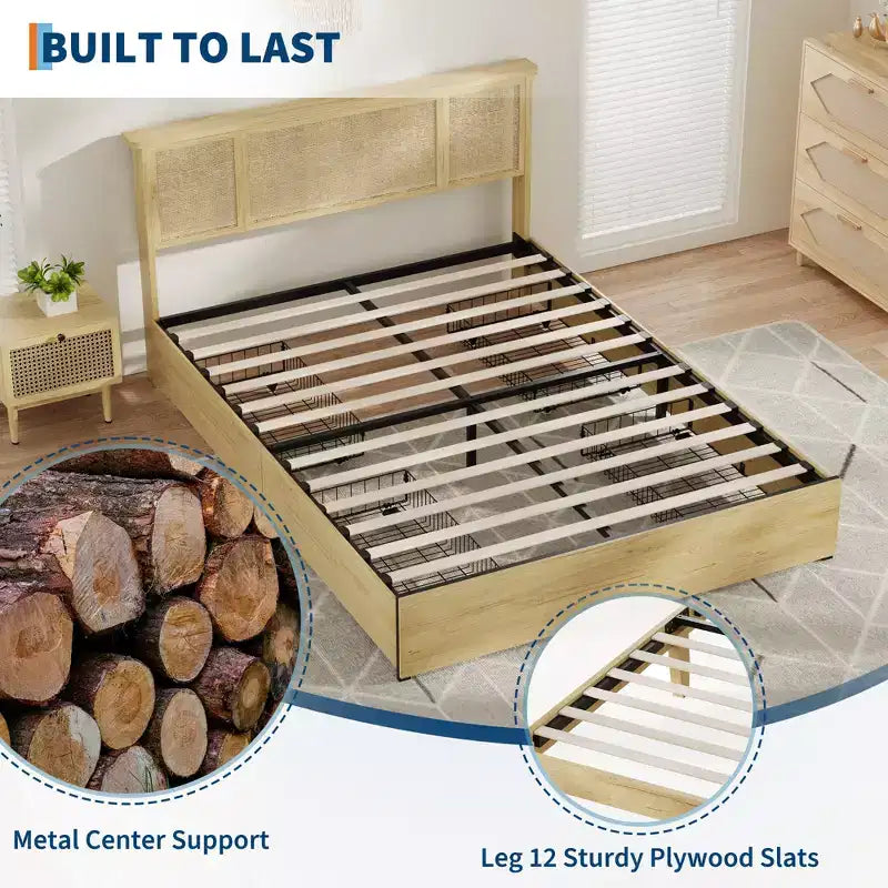 Base de cama de plataforma con cabecero de ratán natural | Matrimonial/Queen | con o sin 4 cajones | Para 1-2 adultos