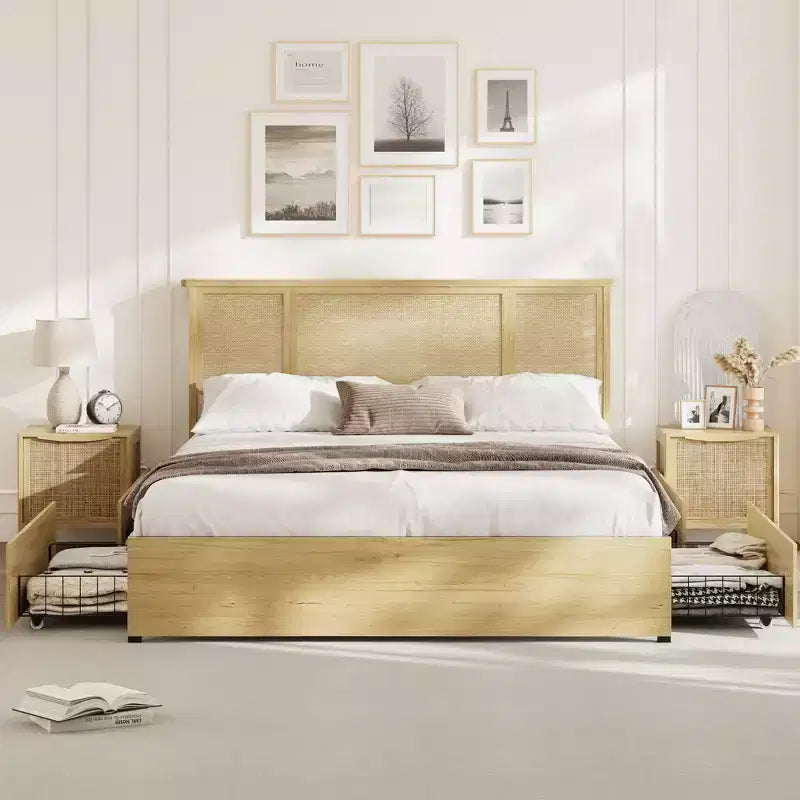 Base de cama de plataforma con cabecero de ratán natural | Matrimonial/Queen | con o sin 4 cajones | Para 1-2 adultos